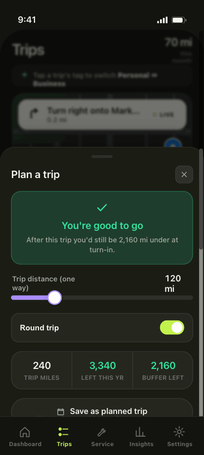 MileGuard trip planner showing you're good to go with 2,160 miles of buffer