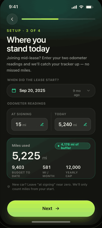 MileGuard mid-lease catch-up: enter your odometer at signing and today
