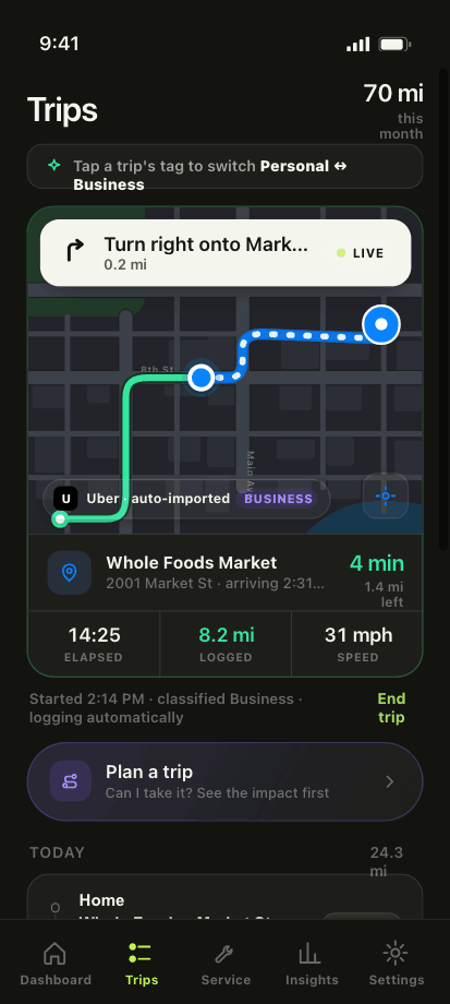 MileGuard automatically logging a live drive on the map
